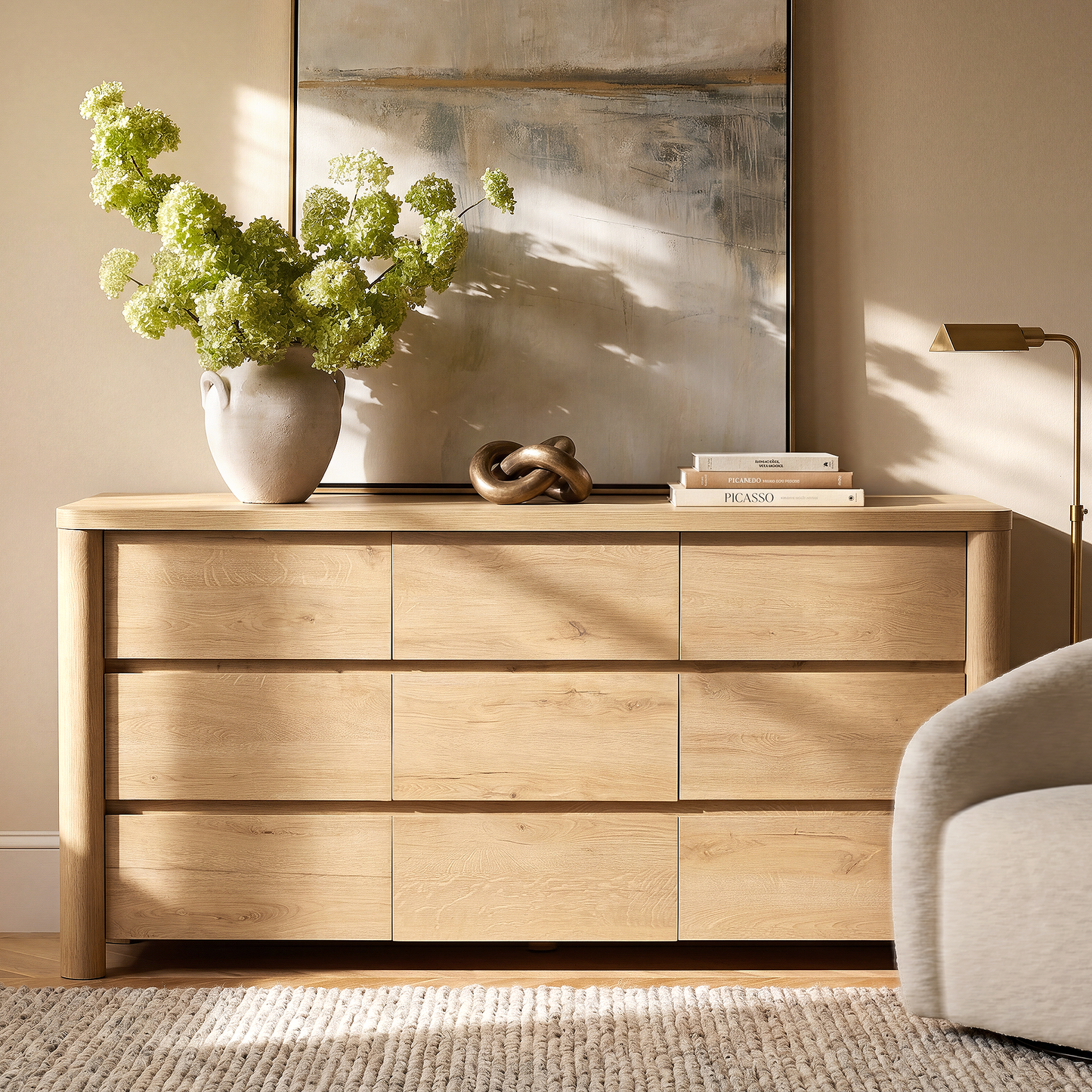 63" 9-Drawer Dresser with Thick Top and Round Legs