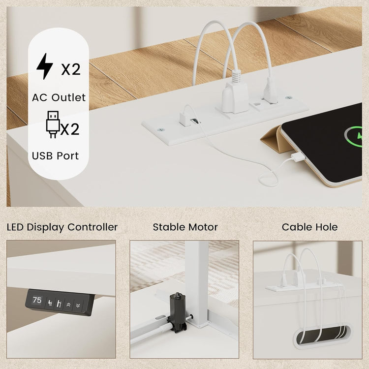 White desk shown with power outlets, controller, motor, and cable details