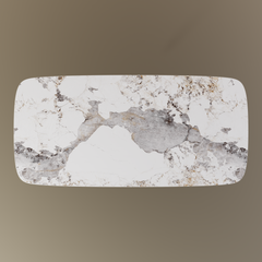 Rounded rectangular surface with a white background, broad irregular gray patches, and fine beige and dark veins against a taupe backdrop.