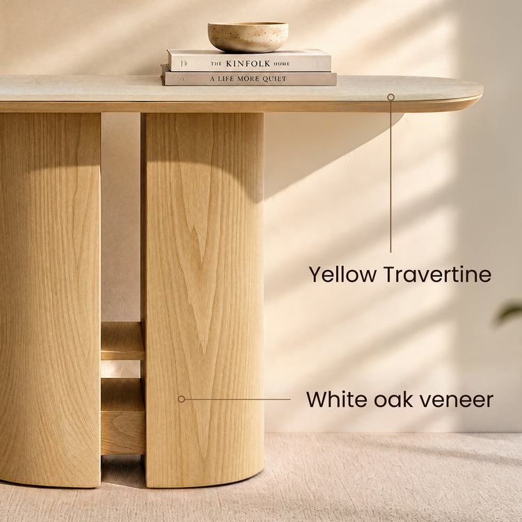 Console table with yellow travertine top and white oak veneer base.