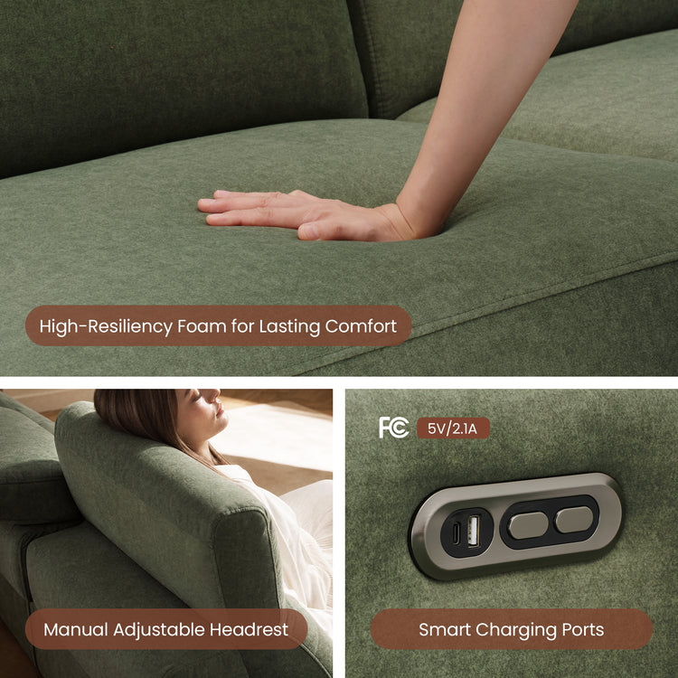Green upholstered sofa details show a compressible cushion, raised headrest, and built-in charging ports.