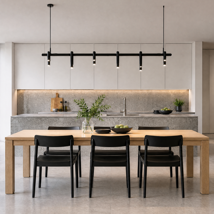A long black pendant light with downward-facing cylindrical lights hangs above a light brown dining table with black chairs in a kitchen with pale cabinets and gray counters.