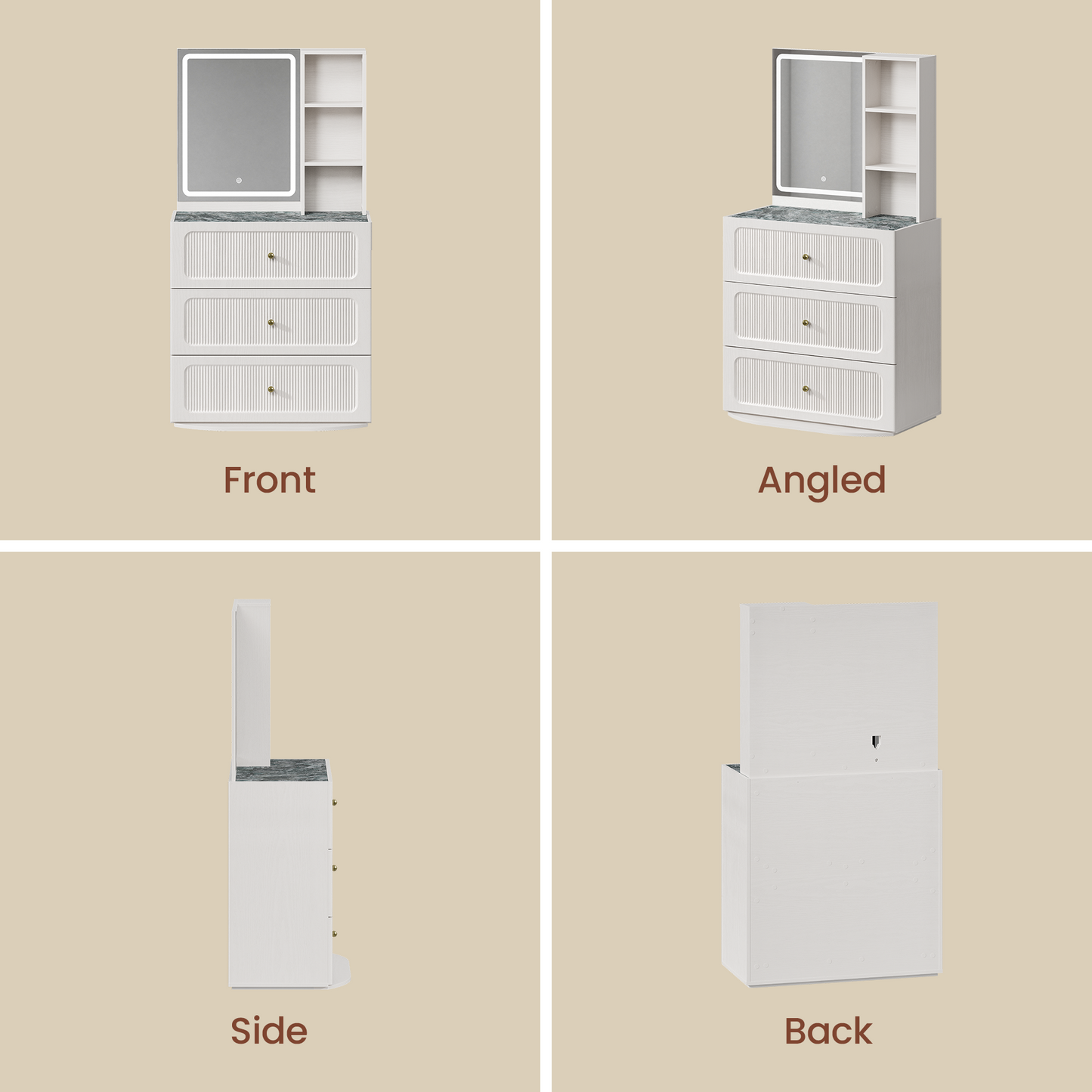 FlexMod 31.5" Modular Fluted 3-Drawer Vanity Dresser with 3-Color LED Mirror & Side Shelves