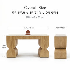Dimension diagram of a wood desk shown from the front and side with labeled overall size.