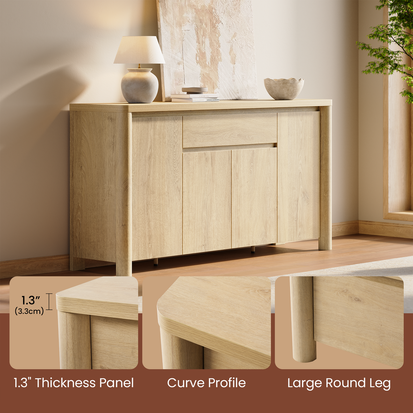 63" Sideboard Cabinet with Thick Top, Rounded Corners & Legs