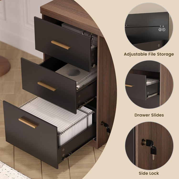 Three open drawers show hanging files, books, and dark interiors within a wood-grain cabinet