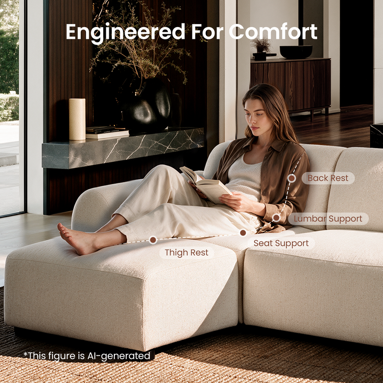 A woman sits reading on a cream sectional sofa, with dotted callouts labeling the back rest, lumbar support, seat support, and thigh rest.