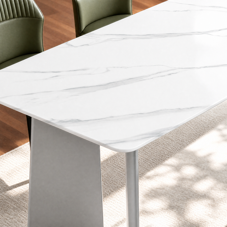 70" Glossy Sintered Stone Table, Geometric Steel Base for 6-8