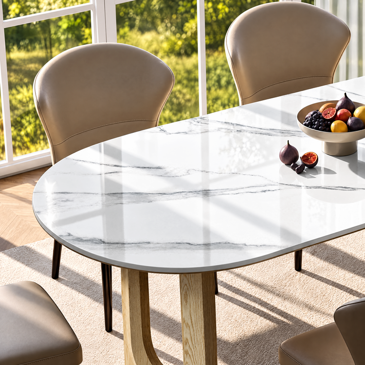 70.79" Oval Glossy Snow‑Mountain Sintered Stone Dining Table