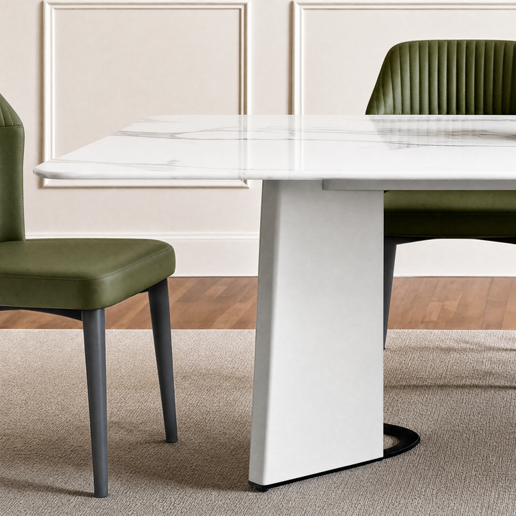 70" Glossy Sintered Stone Table, Geometric Steel Base for 6-8