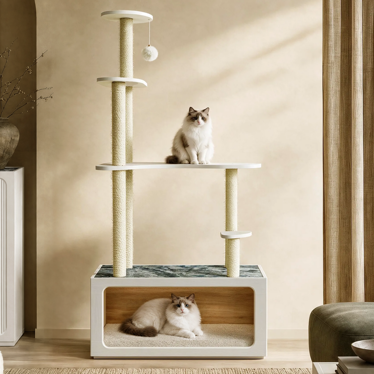 FlexMod 62.1" Modular Cat Tree with Cozy Cat House, Sisal Posts