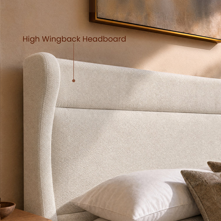 King Chenille Upholstered Bed with Wingback Headboard, Wood Slat Support