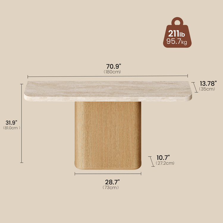 71 Inch Natural Travertine Console Table, Modern Luxury Stone Entryway Table