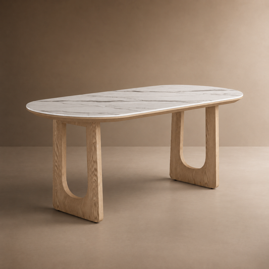 70.79" Oval Glossy Snow‑Mountain Sintered Stone Dining Table