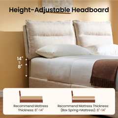 Bed has two separate padded headboard cushions above a light upholstered frame