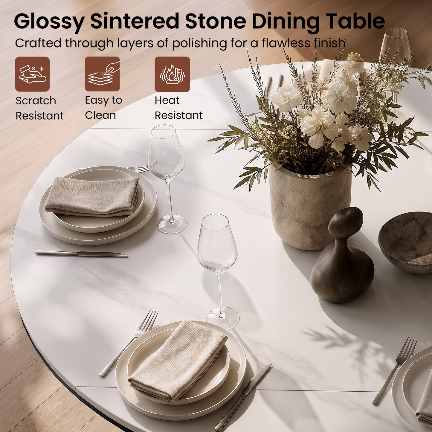 51.2" Round Sintered Stone Extendable Dining Table, Seats 4–6