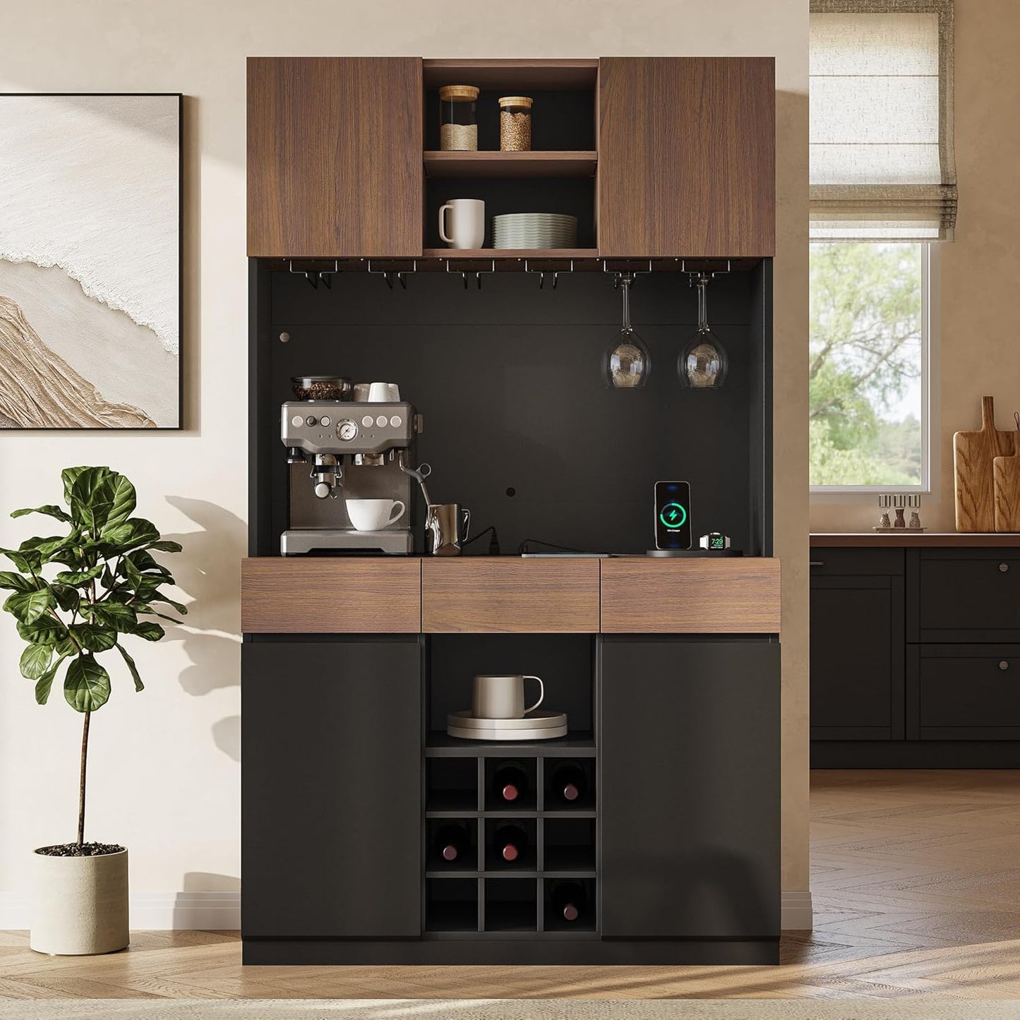 Whisper Series 71" Black Wine Bar Cabinet with LED & Storage