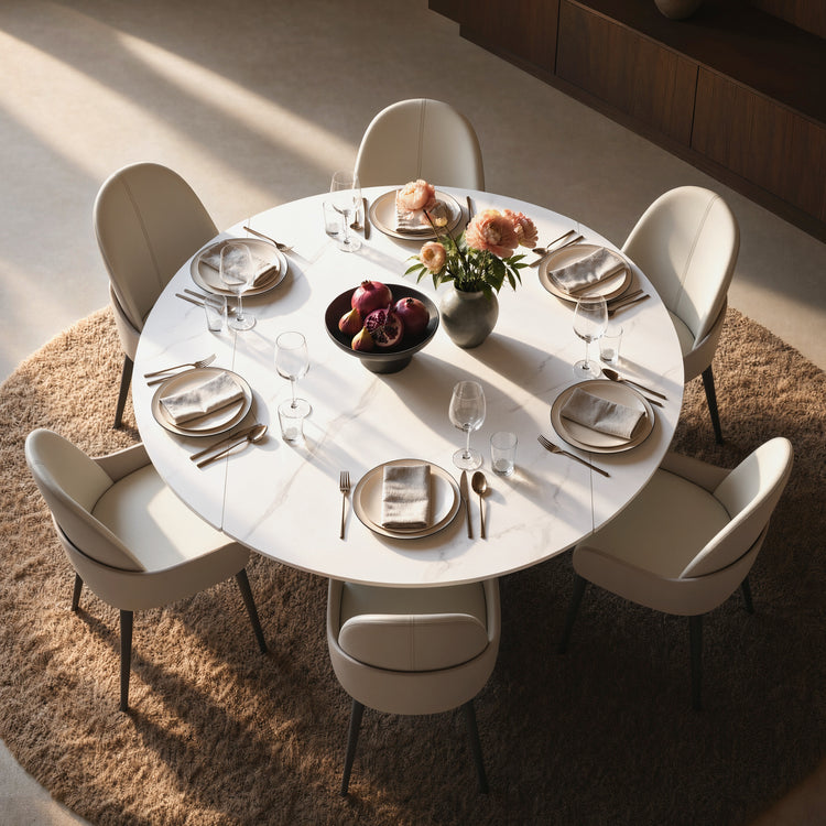 51.18" Round Extendable Dining Table, Modern Glossy Sintered Stone Kitchen Table