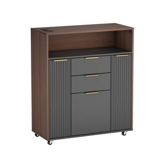 37" Fluted Storage Cabinet Rolling Sideboard Buffet Black Walnut