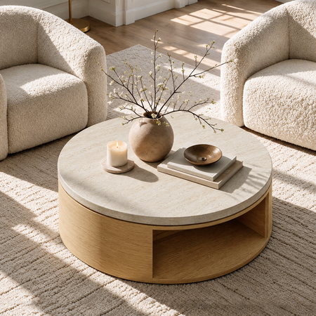 Round coffee table with a pale top and open lower shelf holds a vase of flowering branches, a lit candle, stacked books and a bowl between two cream textured armchairs.