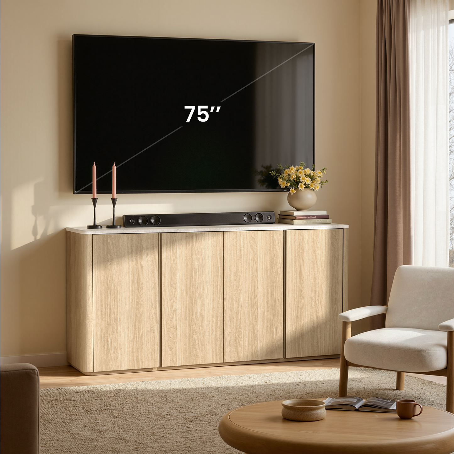 Travertine Wood 4-Door Handleless Soft-Close Sideboard