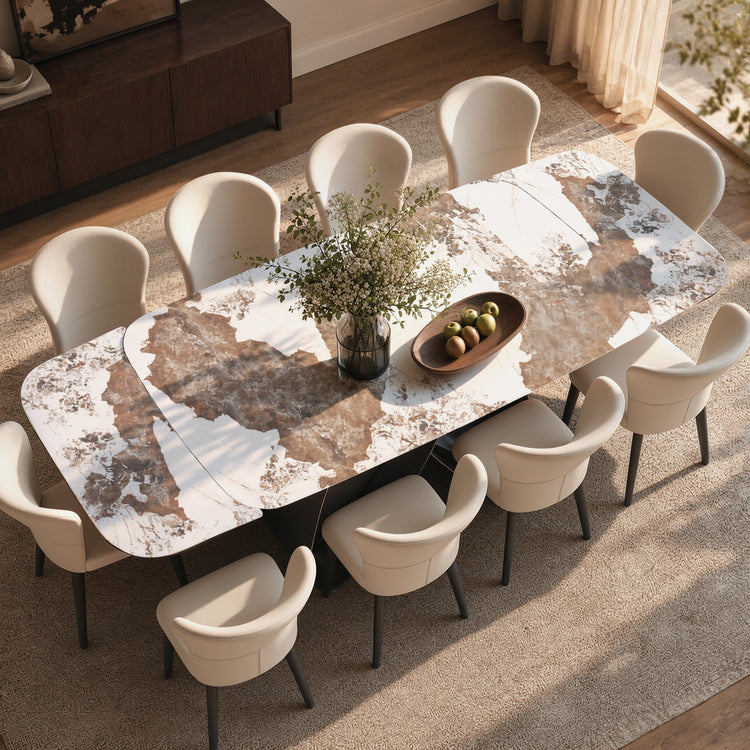 70.9"-102.4" Extendable Dining Table, Pandora Glossy Sintered Stone Modern Kitchen Table with Ribbon Loop Base