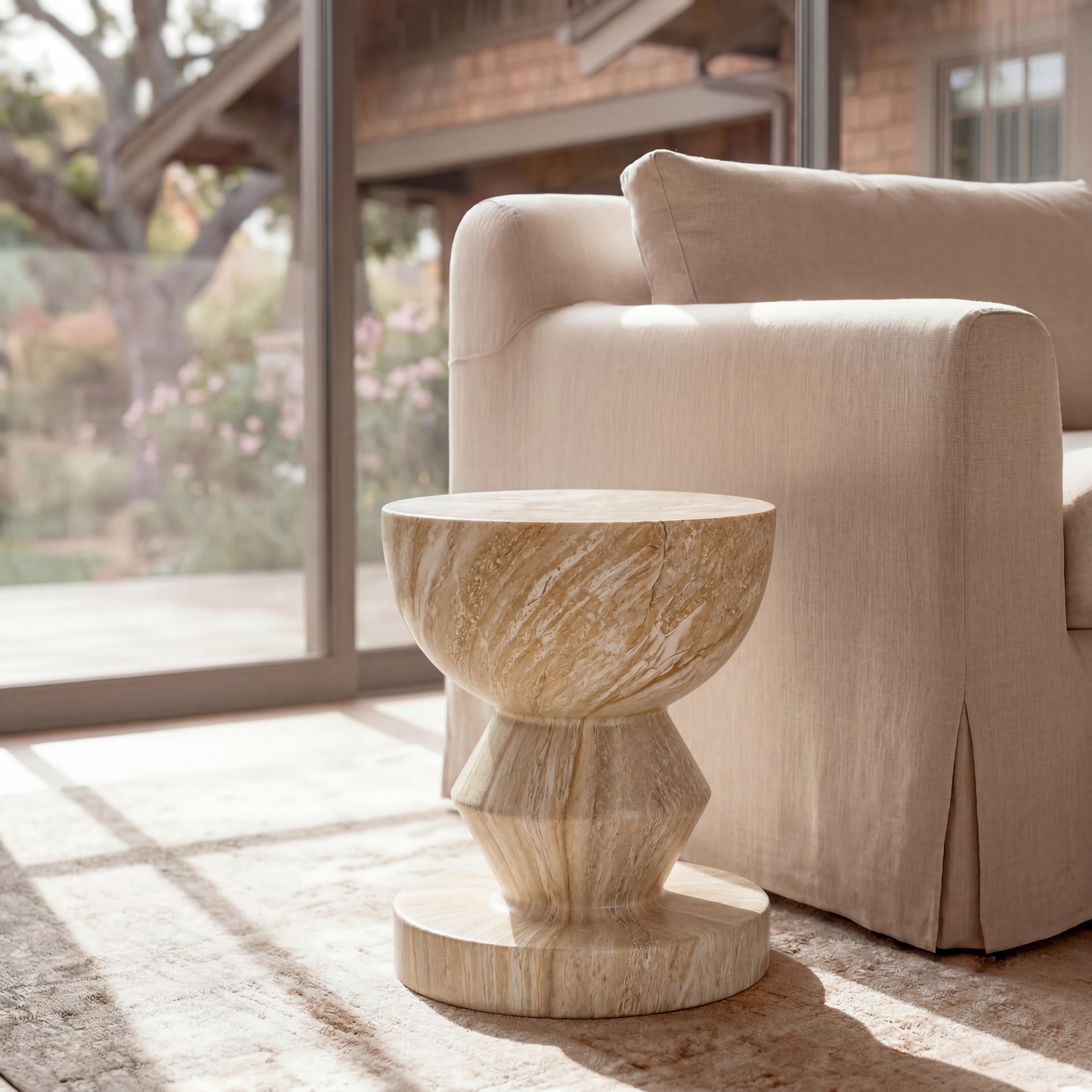 [Pre-Sale] Hourglass Pedestal Round Side Table - Beige Travertine-Look Finish