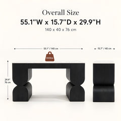 Dimension diagram of a black sculptural console table with a white marble-look top.
