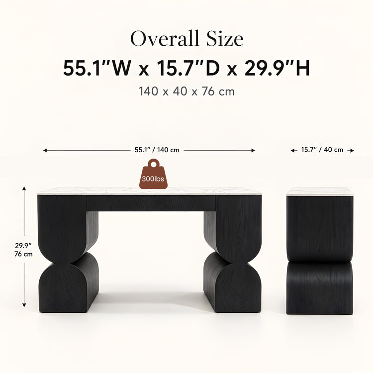 Dimension diagram of a black sculptural console table with a white marble-look top.