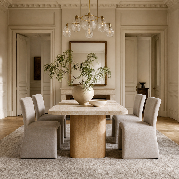 A dining room with a round pedestal table, four upholstered chairs, a leafy plant, and a glass pendant light.