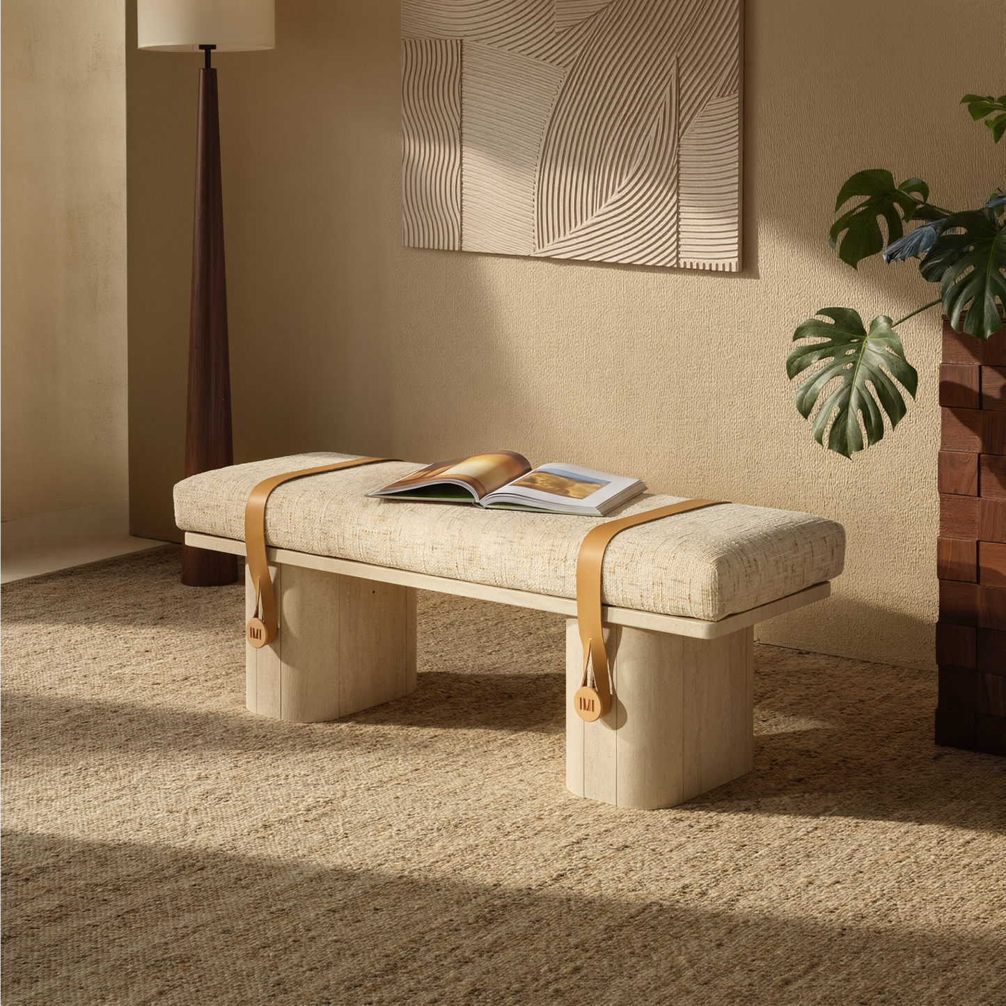 Freya Upholstered Bench, Sandstone Beige – Faux Travertine Base & Leather Accents