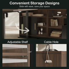 Storage section shows shelves and a cable opening, Graphic indicates a sliding side unit