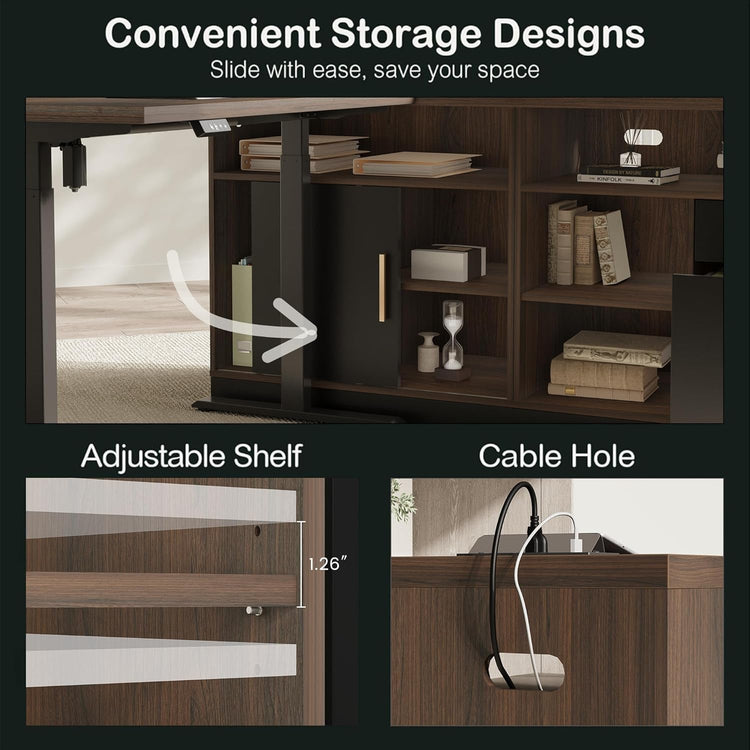 Storage section shows shelves and a cable opening, Graphic indicates a sliding side unit
