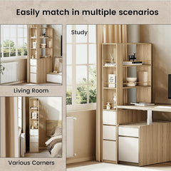 Three room scenes show a tall shelf-and-drawer unit in different placements
