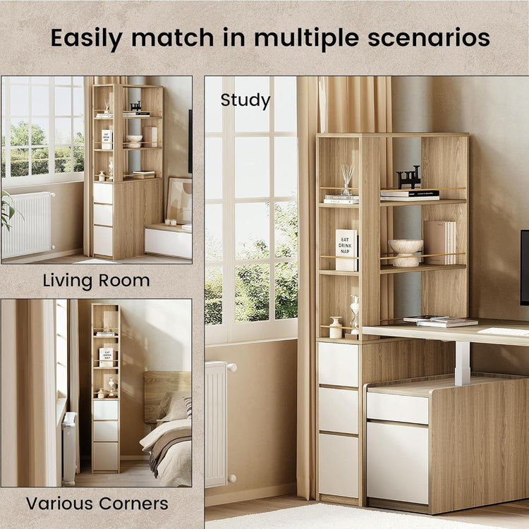 Three room scenes show a tall shelf-and-drawer unit in different placements
