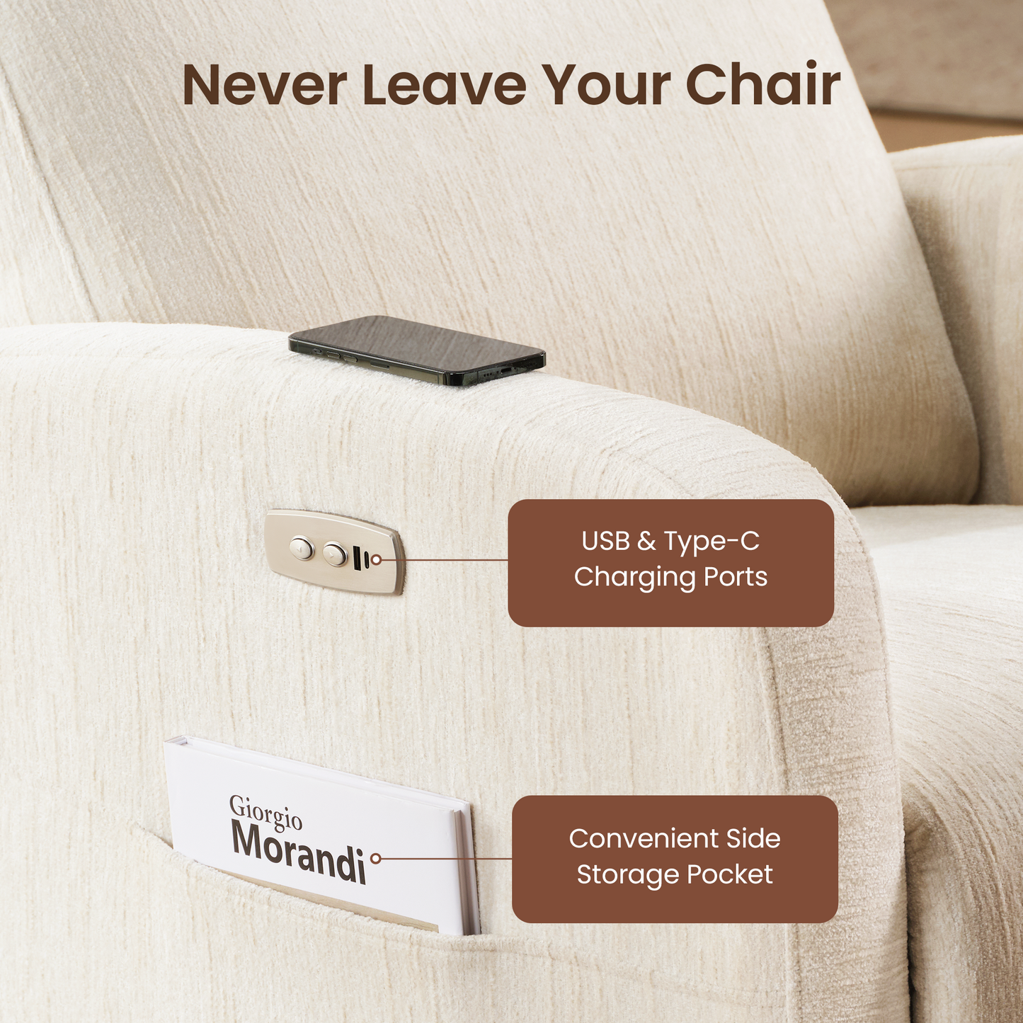 Nursery Power Swivel Glider Recliner with Adjustable Headrest & USB-C、Beige