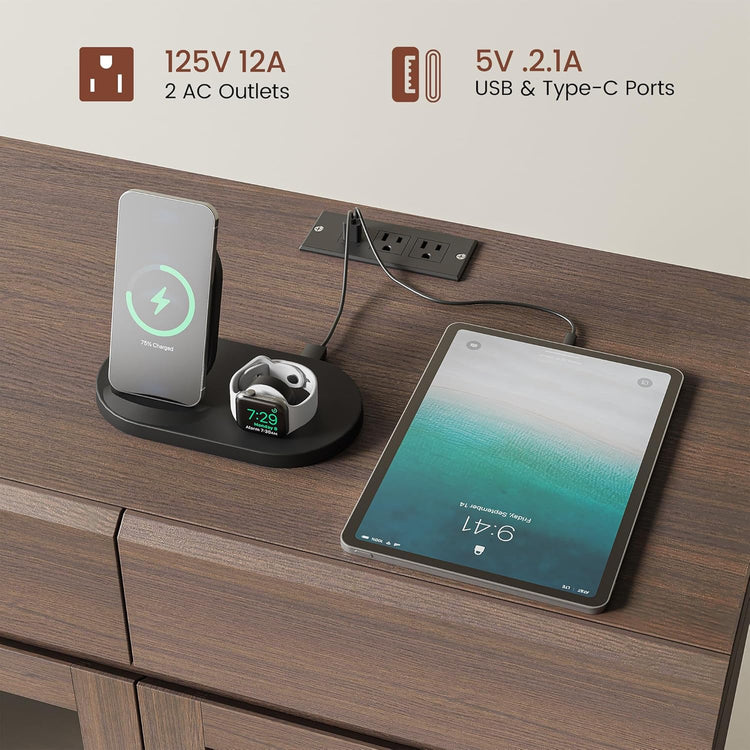 Whisper Series 33.6" Coffee Bar Cabinet with LED, Charging & Wine Rack, Walnut