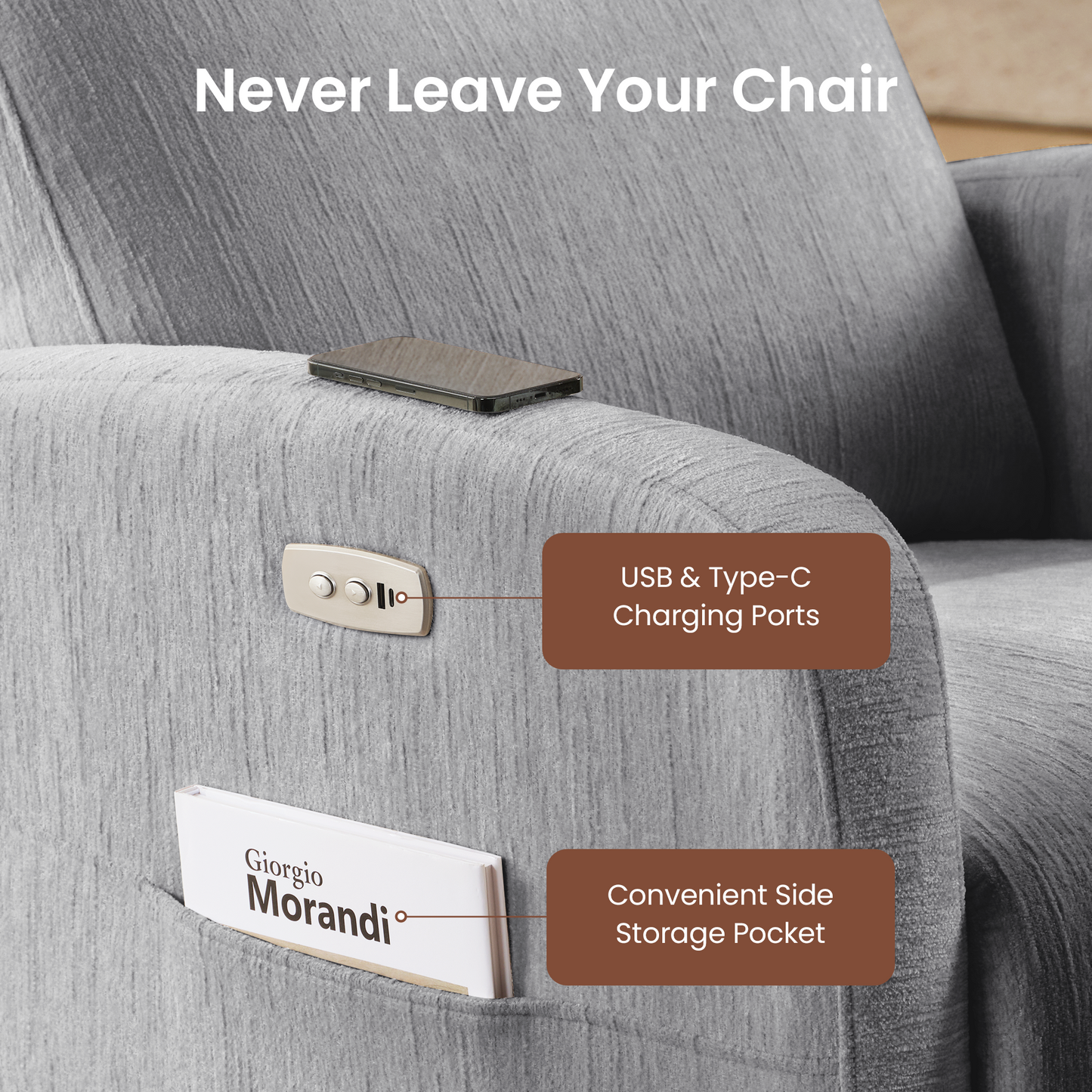 Nursery Power Swivel Glider Recliner with Adjustable Headrest & USB-C、Grey
