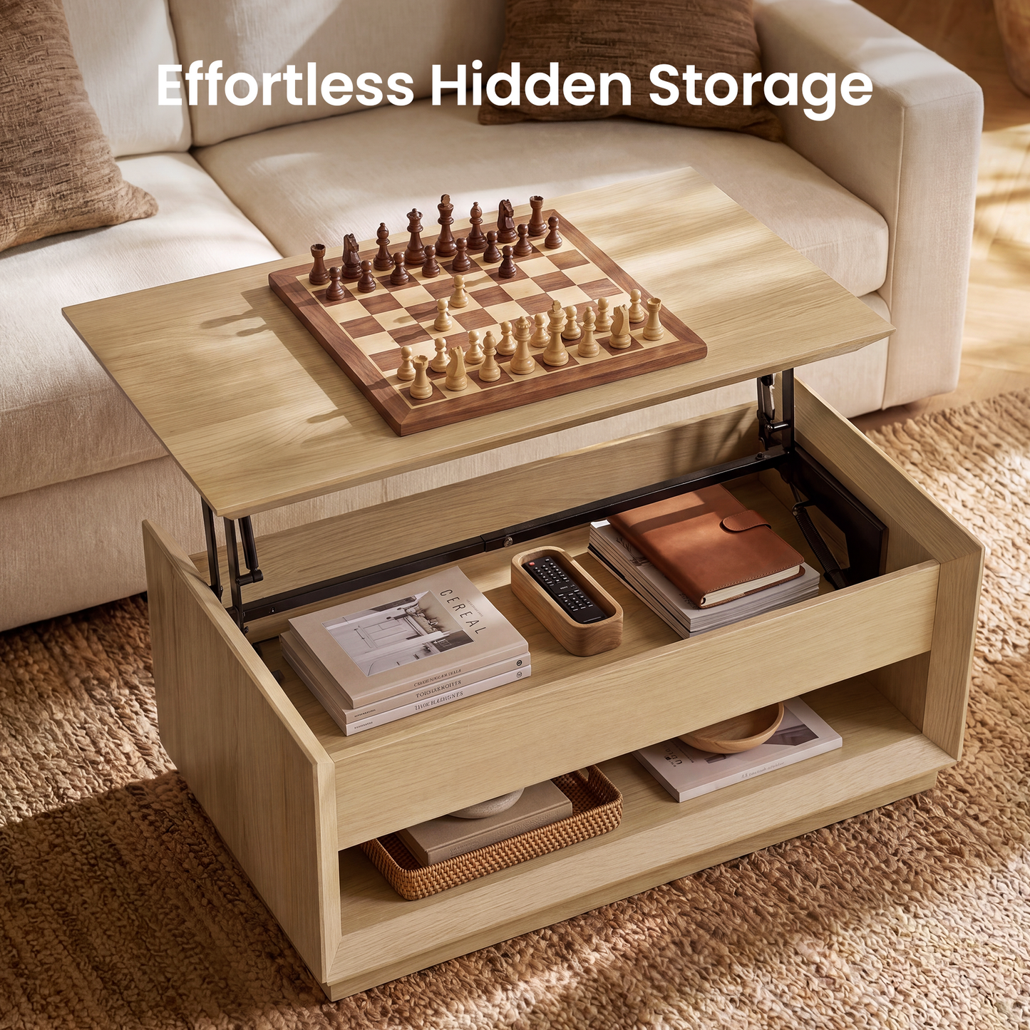 Lift-top coffee table shown with hidden storage open