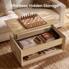 Lift-top coffee table shown with hidden storage open
