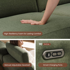 Feature collage of a green recliner with cushioned seat, headrest, and charging ports.