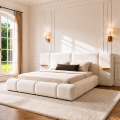 Cream upholstered bed with a segmented frame and wide headboard incorporating small wood-tone bedside shelves