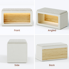 Four views show a small white upholstered storage bench with a light wood open compartment