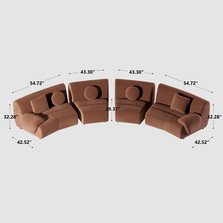 Dimension diagram showing four separate brown sofa sections, with rounded outer armrests, round and square cushions, and measurement arrows.