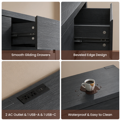 Four-panel collage showing a dark desk's drawer slides and beveled edges, built-in AC and USB outlets, and a spilled drink on its surface.