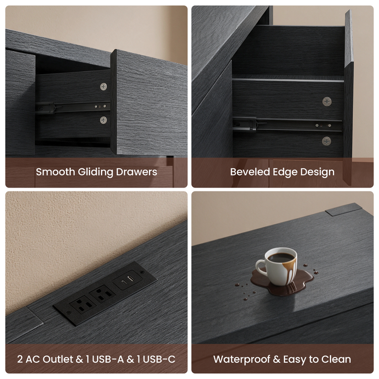 Four-panel collage showing a dark desk's drawer slides and beveled edges, built-in AC and USB outlets, and a spilled drink on its surface.