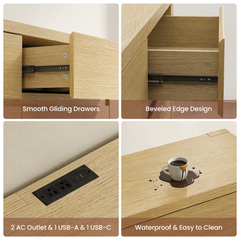 Four-panel furniture feature collage showing a drawer slide, beveled drawer edges, a tabletop outlet panel, and a coffee spill on a wood-grain surface.