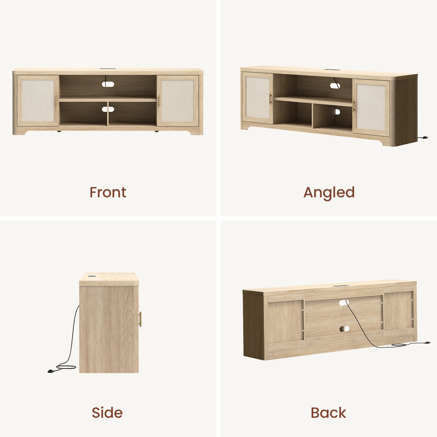 70-Inch Natural Oak-Look TV Stand with Charging Station and Adjustable Shelves, Media Console for TVs Up to 75 Inches