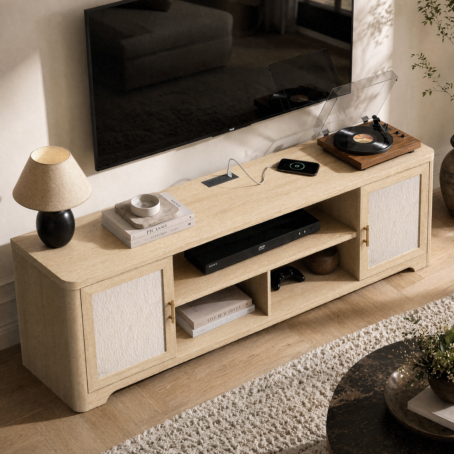 70-Inch Natural Oak-Look TV Stand with Charging Station and Adjustable Shelves, Media Console for TVs Up to 75 Inches