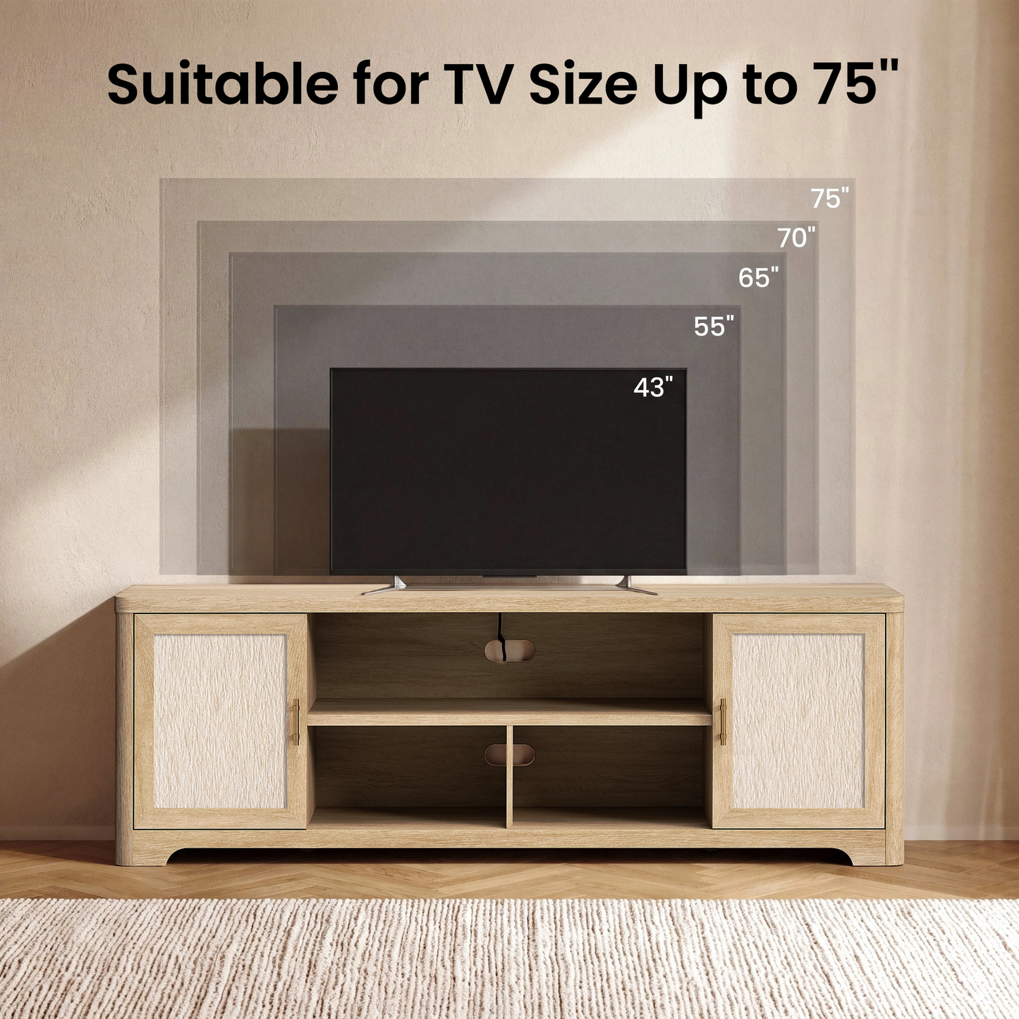 70-Inch Natural Oak-Look TV Stand with Charging Station and Adjustable Shelves, Media Console for TVs Up to 75 Inches